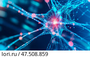 Neurological Network: Digital artwork depicting neuron, synapse connection, brain activity for science, tech, medical illustration. Стоковое AI-изображение, AI-художник Данила Большаков / Фотобанк Лори
