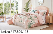 Tropical haven: Serene pink bedroom interior with botanical print bedding, inviting restful slumber and sun-drenched mornings. Стоковое AI-изображение, AI-художник Данила Большаков / Фотобанк Лори