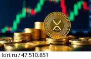 Stacked xrp coins with stock chart background highlighting cryptocurrency trends. Редакционное AI-изображение, AI-художник Андрей Бакусов / Фотобанк Лори