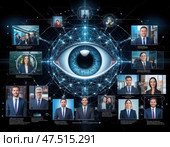 Концепция подбора и контроля кадров ИИ. Группа людей изображена в круге с большим глазом в центре. Стоковое AI-изображение, AI-художник Ярославский Максим / Фотобанк Лори