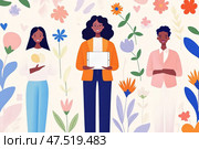 Vibrant digital artwork of three confident women surrounded by floral elements, representing growth, positivity, and diversity in a visually striking and uplifting design. Стоковое AI-изображение, AI-художник Мария Фадеева / Фотобанк Лори