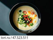 A sumptuous top-down view of Tom Kha Kai soup, accented with fiery chilis and fresh cilantro. The creamy coconut broth provides a lush background for a visual feast of vibrant ingredients. Стоковое AI-изображение, AI-художник Nart / Фотобанк Лори