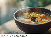 A close-up of traditional miso soup in a matte black ceramic bowl captivates with its handcrafted rim. The dish exudes Japanese culinary artistry, inviting an exploration of its umami flavors. Стоковое AI-изображение, AI-художник Nart / Фотобанк Лори