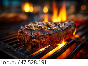 Juicy Steak Grilling Over Open Flames With a Perfect Sear and Seasoning in a Backyard BBQ Setting. Стоковое AI-изображение, AI-художник Юлия Гапеенко / Фотобанк Лори