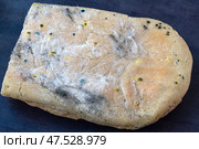 A variety of mold fungi on a loaf of bread. Mold growing on a loaf of bread indicates rotting and spoiled food in the kitchen. Expired food. Стоковое фото, фотограф Оксана Медведева / Фотобанк Лори