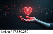 Рука взаимодействует с голографической моделью человеческого сердца, AI-generation. Стоковое AI-изображение, AI-художник Елена Скрипкина / Фотобанк Лори
