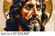 A powerful portrayal of Jesus Christ, capturing an expression of profound thought and compassion Generative AI. Стоковое AI-изображение, AI-художник Юлия Петровская / Фотобанк Лори