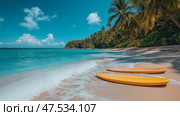 Bright yellow surfboards resting on a sandy beach under a clear blue sky. Ярко-желтые доски для серфинга на песчаном пляже под чистым голубым небом. Стоковое AI-изображение, AI-художник Katsiaryna Repich / Фотобанк Лори