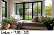Cozy window nook with lush greenery and soft pillows in a serene setting. Уютный уголок у окна с пышной зеленью и мягкими подушками в безмятежной обстановке. Стоковое AI-изображение, AI-художник Katsiaryna Repich / Фотобанк Лори