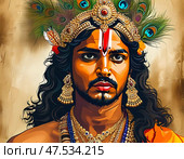 This captivating artwork illustrates Lord Krishna adorned with a peacock feather crown and golden jewelry, embodying love, compassion, and divine wisdom surrounded by rich colors Generative AI. Стоковое AI-изображение, AI-художник Юлия Петровская / Фотобанк Лори