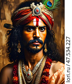 A captivating portrayal of Lord Krishna exuding love and compassion. Adorned with intricate gold jewelry and vibrant attire, he holds an aura of wisdom Generative AI. Стоковое AI-изображение, AI-художник Юлия Петровская / Фотобанк Лори