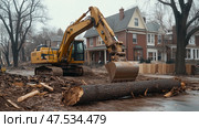 Excavator clearing fallen trees on a city street after a storm. Экскаватор убирает поваленные деревья на городской улице после урагана. Стоковое AI-изображение, AI-художник Katsiaryna Repich / Фотобанк Лори