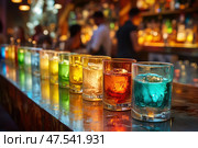 A vibrant array of multicolored shot glasses filled with vivid infusions. Each glass showcases a unique hue, from green to red to blue, creating a lively display perfect for parties. Стоковое AI-изображение, AI-художник Nart / Фотобанк Лори