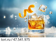 A deconstructed Old Fashioned cocktail features mid-air components like sugar cubes and bitters, highlighting mixology art. This visually stunning setup captures the elegance of whiskey drink elements. Стоковое AI-изображение, AI-художник Nart / Фотобанк Лори