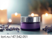 A luxurious lavender night cream nestled in a striking deep purple jar. The rich texture promises to hydrate and rejuvenate, enveloped by elegant silver accents for a touch of beauty sophistication. Стоковое AI-изображение, AI-художник Nart / Фотобанк Лори