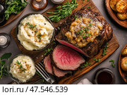 Mouthwatering roast beef draped with rich demi-glace gravy. The succulent, savory meat is a feast for the senses, epitomizing gourmet cuisine. Стоковое AI-изображение, AI-художник Nart / Фотобанк Лори