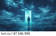 Man walking through a glowing portal in a cloud-covered landscape at dusk. Человек проходит через светящийся портал на фоне облачного пейзажа в сумерках. Стоковое AI-изображение, AI-художник Katsiaryna Repich / Фотобанк Лори