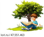 Мальчик читает большую книгу, акварельный рисунок. Стоковое AI-изображение, AI-художник Щеголева Ольга / Фотобанк Лори