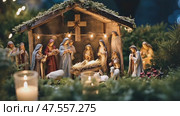 Christmas nativity scene of born child baby Jesus Christ in the manger with Joseph and Mary. Стоковое AI-видео, аниматор Ирина Старикова / Фотобанк Лори