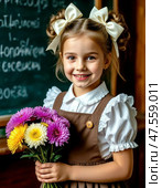 First-grader with a beautiful bouquet of autumn asters. September 1 - Knowledge Day. Стоковое AI-изображение, AI-художник Сергей Елизарьев / Фотобанк Лори
