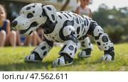A robotic Dalmatian plays in a green park, capturing the attention of nearby children. The kids watch with excitement as the robot moves around, showcasing its agility and charm. Стоковое AI-видео, аниматор Данила Большаков / Фотобанк Лори