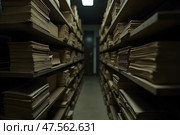 Ряды полок с бумагами в архиве. Стоковое AI-изображение, AI-художник Анна Рогалева / Фотобанк Лори