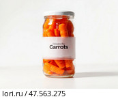Cholesterol free baby carrots preserved in a jar on white background. Стоковое AI-изображение, AI-художник Юрий Поздников / Фотобанк Лори