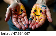 Two open hands with painted smiley faces and colorful splashes, held out against a blurred background. Concept of happiness, creativity, and positivist. Стоковое AI-изображение, AI-художник Александра Рублева / Фотобанк Лори