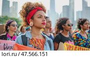Young woman leading a protest march in the city. Стоковое AI-видео, аниматор Юрий Поздников / Фотобанк Лори