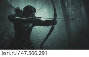 Female archer shooting magic arrow in dark forest. Стоковое AI-видео, аниматор Юрий Поздников / Фотобанк Лори