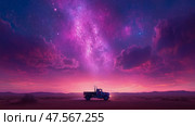 Night Rider: A solitary work vehicle against a vibrant nebula sky, traversing the boundless expanse of a desert at twilight. Стоковое AI-изображение, AI-художник Данила Большаков / Фотобанк Лори
