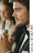Elegant man savoring champagne at a celebration. Стоковое AI-видео, аниматор Юрий Поздников / Фотобанк Лори