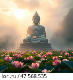 Концепция дня рождения Будды и буддийского праздника Весак/ A serene Buddha statue, wreathed in mist, stands amidst a field of vibrant lotuses, their petals unfurling in the soft light of dawn. Стоковое AI-изображение, AI-художник Iva Noel / Фотобанк Лори