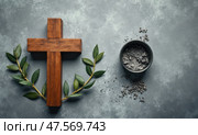 Brown Wooden Cross With Ceremonial Ash Bowl for Ash Wednesday and Lent Rituals in a Solemn Setting. Стоковое AI-изображение, AI-художник Sergey Grishin / Фотобанк Лори