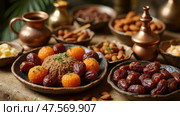 Sumptuous Traditional Arabic Feast During Ramadan Featuring Dates, Almonds, and Rich Flavors. Стоковое AI-изображение, AI-художник Sergey Grishin / Фотобанк Лори