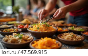 Traditional Iftar Preparation Highlights Communal Dining Experience and Festive Atmosphere With Vibrant Dishes. Стоковое AI-изображение, AI-художник Sergey Grishin / Фотобанк Лори