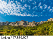 A grand view of the Crimean mountain range under a clear blue sky. Massive rocks with a characteristic relief rise above the green forest and dry steppe vegetation in the foreground. The picture is full of contrasts - between sharp rock forms and soft greenery, between the cool shade of the forest and the hot sunlight. An ideal photo for themes related to ecotourism, nature, geology and traveling in Crimea. Стоковое фото, фотограф Анна Кривицкая / Фотобанк Лори