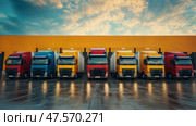 Fleet of cargo trucks parked in front of a large warehouse. Ряд грузовых автомобилей припаркована перед большим складом. Стоковое AI-изображение, AI-художник Katsiaryna Repich / Фотобанк Лори
