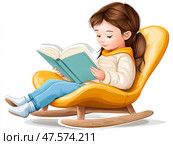 Девочка читает в кресле интересную книгу. Стоковое AI-изображение, AI-художник Щеголева Ольга / Фотобанк Лори