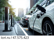 Electric cars charging at urban station with city skyline in background. Электромобили заряжаются на городской станции, на заднем плане - городской пейзаж. Стоковое AI-изображение, AI-художник Katsiaryna Repich / Фотобанк Лори