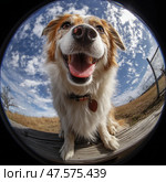 Funny happy dog smiling at the camera in cozy home interior, fisheye lens perspective. Забавная счастливая собака улыбается в камеру, перспектива объектива «рыбий глаз. Стоковое AI-изображение, AI-художник Katsiaryna Repich / Фотобанк Лори