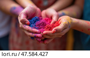 Young People Joyfully Celebrating Holi While Holding Colorful Gulal Powder During the Vibrant Festival of Colors. Стоковое AI-изображение, AI-художник Sergey Grishin / Фотобанк Лори
