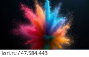 Explosion of Colorful Gulal Powder Celebrating Holi, a Vibrant Festival of Colors, Showcasing Cultural Unity and Spring Joy. Стоковое AI-изображение, AI-художник Sergey Grishin / Фотобанк Лори