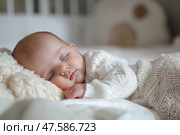 Sweet baby peacefully sleeping in a cozy nursery setting during daytime. Милый малыш мирно спит в уютной детской комнате в дневное время. Стоковое AI-изображение, AI-художник Katsiaryna Repich / Фотобанк Лори