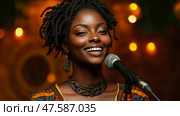 A joyful Black woman with locs sings into a microphone, illuminated by warm lights. Стоковое AI-изображение, AI-художник Данила Большаков / Фотобанк Лори