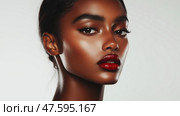 Stunning model showcases bold makeup look with vibrant red lips and flawless skin under soft lighting. Стоковое AI-изображение, AI-художник Сергей Толмачёв / Фотобанк Лори