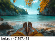 Relaxing on the beach with feet in the sand near serene turquoise waters under sunny skies in a tropical paradise. Стоковое AI-изображение, AI-художник Климов Денис / Фотобанк Лори