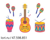 Colorful ethnic musical instrument set with guitar, drum, drumsticks, conga, maracas and notes. Latin music festival, brazil carnival collection. Vector flat illustration isolated on white background. Стоковая иллюстрация, иллюстратор Алина Умарова / Фотобанк Лори