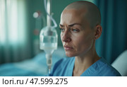 A Bald Woman Sits in a Hospital Room, Looking Introspective as She Undergoes Treatment. Стоковое AI-изображение, AI-художник Sergey Grishin / Фотобанк Лори