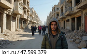 A Young Man Stands on a Rubble-Strewn Street, Gazing Directly at the Viewer. Стоковое AI-изображение, AI-художник Sergey Grishin / Фотобанк Лори
